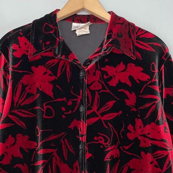 Whimsigoth Oversized Medium Red Black Dark Goth Romantic Floral Velvet Tunic Top - Picture 3 of 11